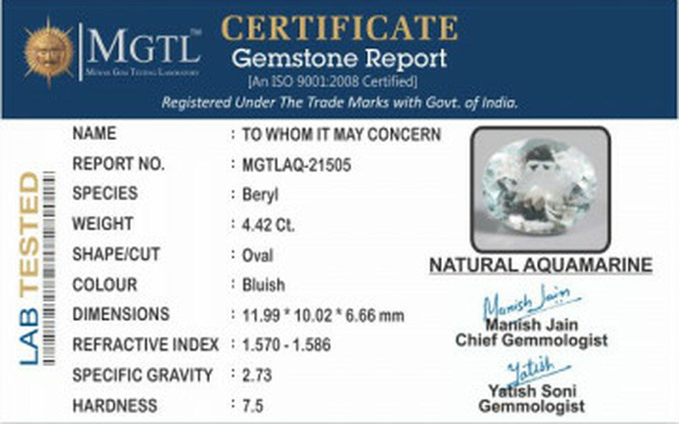 Aquamarine  Gemstone - 4.42 Carats | Premium Quality