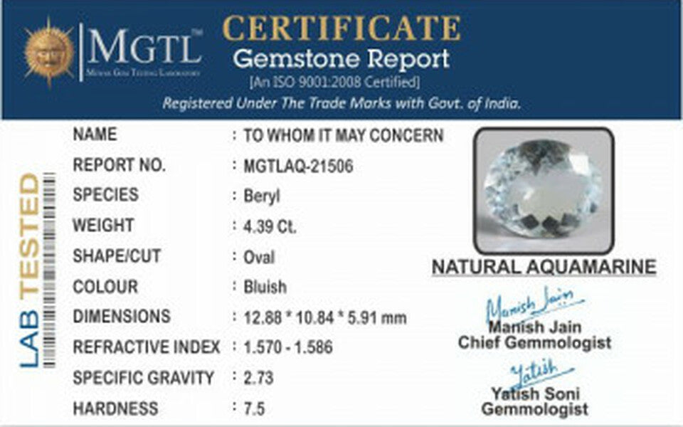 Aquamarine  Gemstone - 4.39 Carats | Premium Quality
