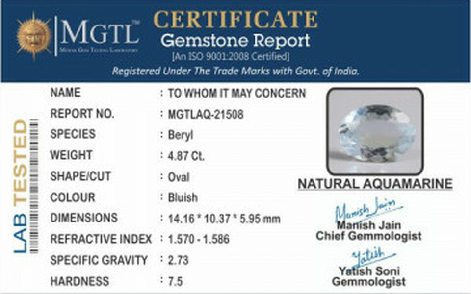 Aquamarine  Gemstone - 4.87 Carats | Premium Quality