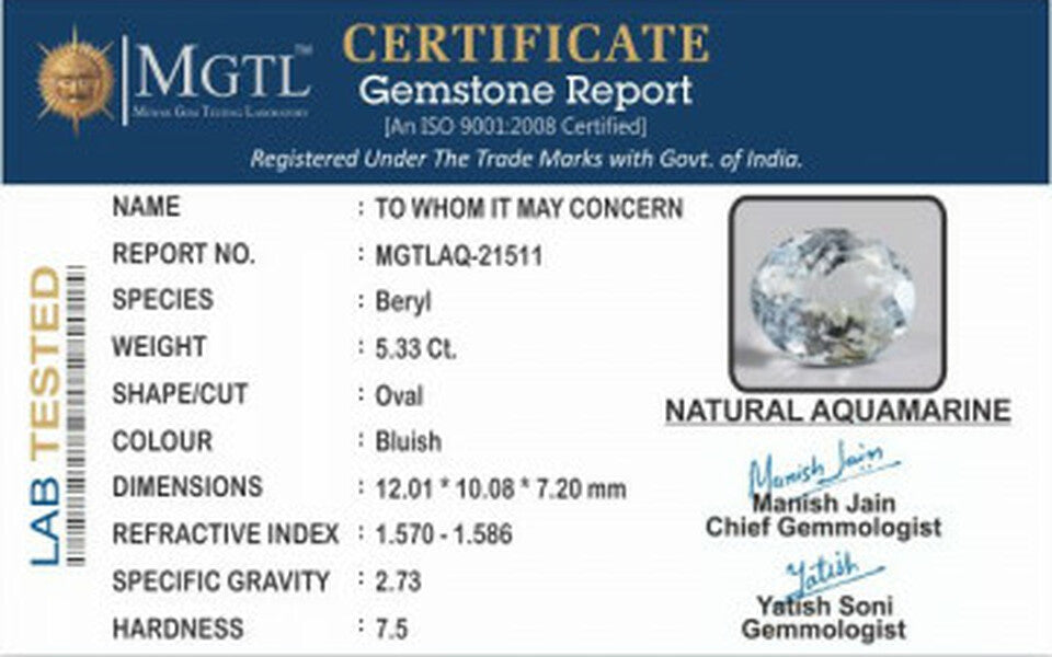 Aquamarine  Gemstone - 5.33 Carats | Premium Quality