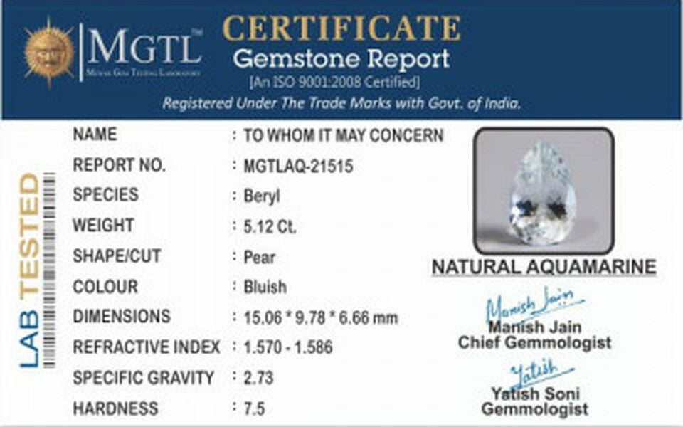 Aquamarine  Gemstone - 5.12 Carats | Premium Quality
