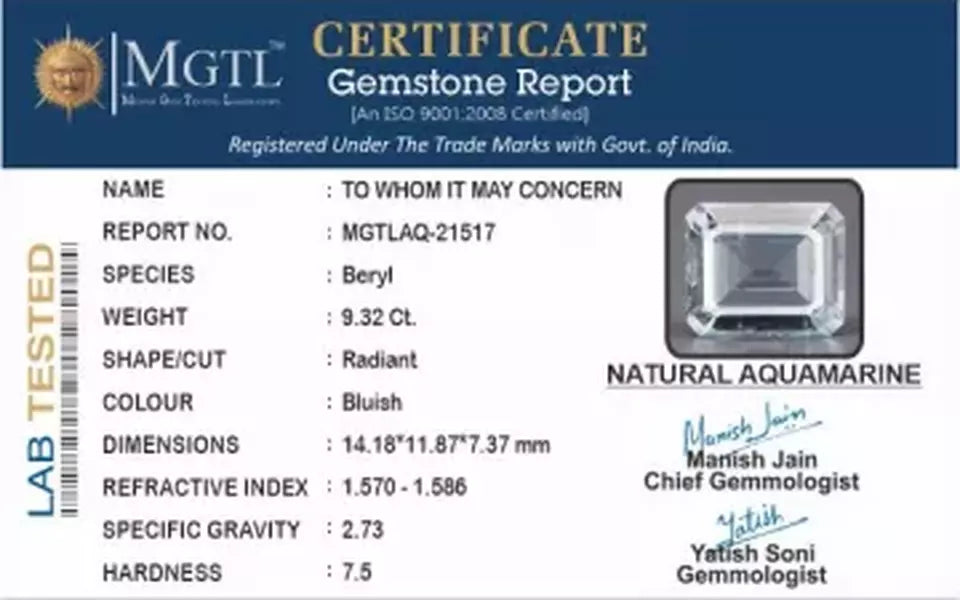 Aquamarine  Gemstone - 9.32 Carat Limited Quality AQ-21517