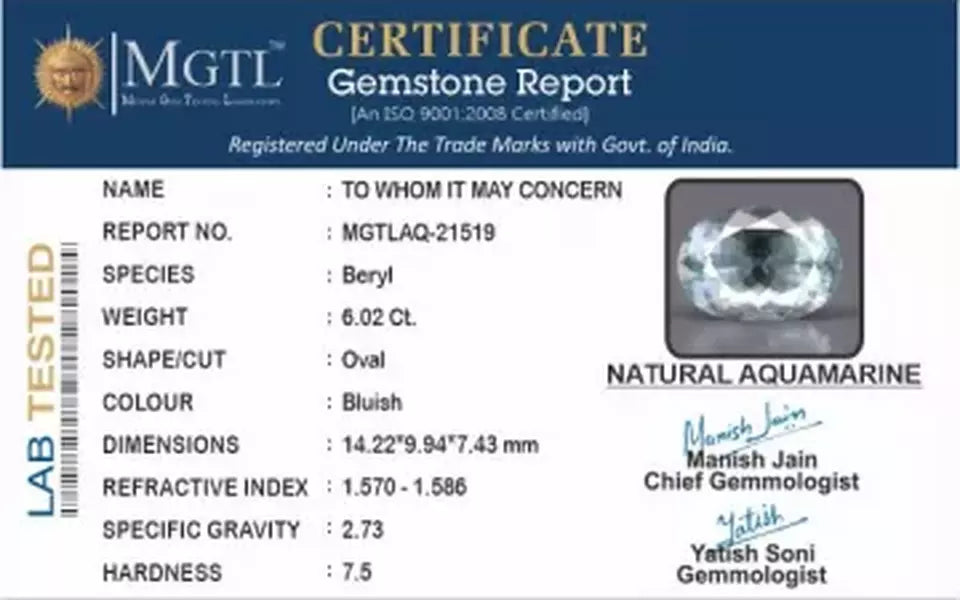Aquamarine  Gemstone - 6.02 Carat Limited Quality AQ-21519