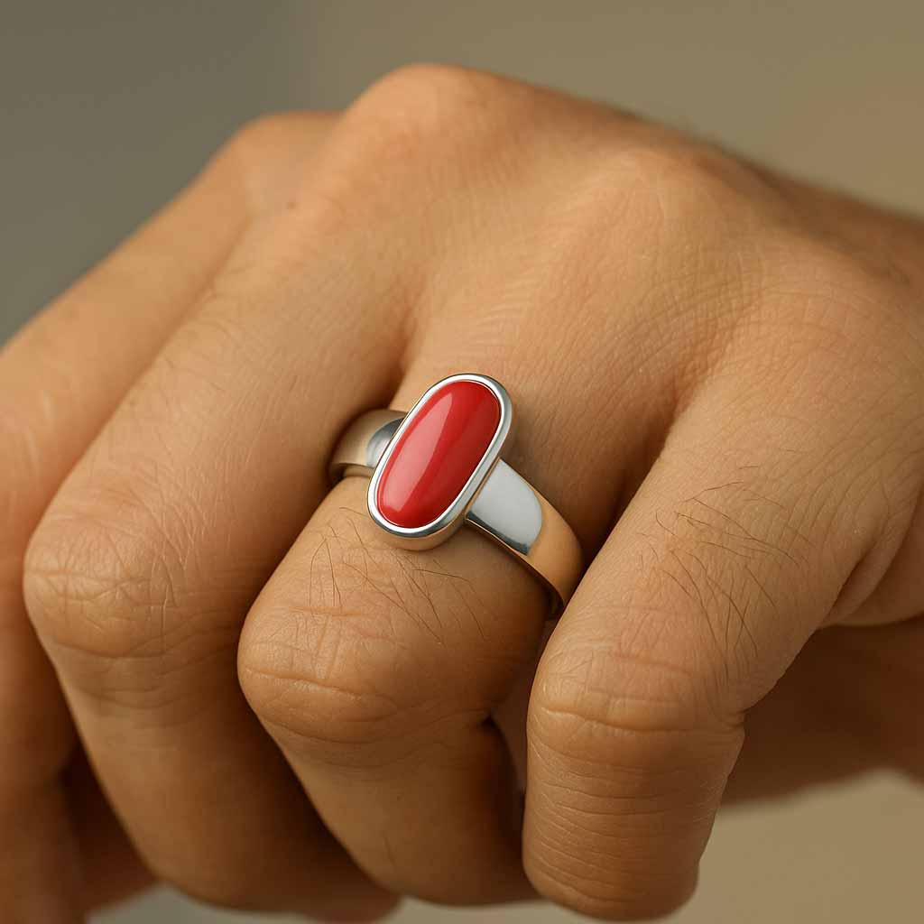 Vintage Sterling Silver Red Coral Men’s Ring