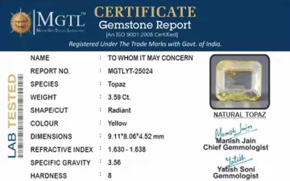 Natural Yellow Topaz - 3.59 Carat Prime Quality YT-25024