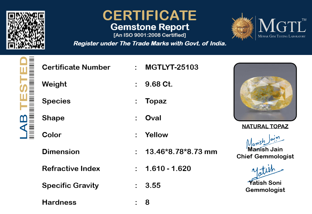 Natural Yellow Topaz - 9.68 Carat Limited Quality YT-25103