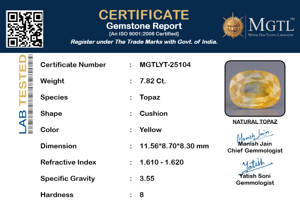 Natural Yellow Topaz - 7.82 Carat Limited Quality YT-25104