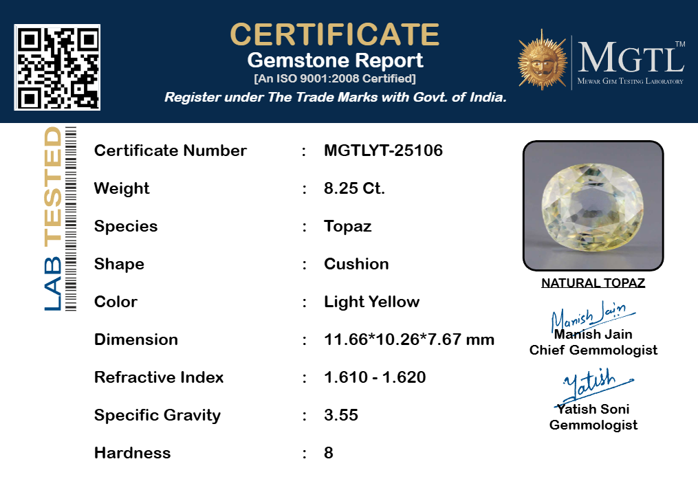 Natural Yellow Topaz - 8.25 Carat Limited Quality YT-25106