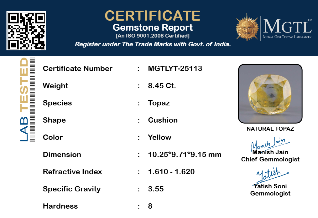 Natural Yellow Topaz - 8.45 Carat Rare Quality YT-25113