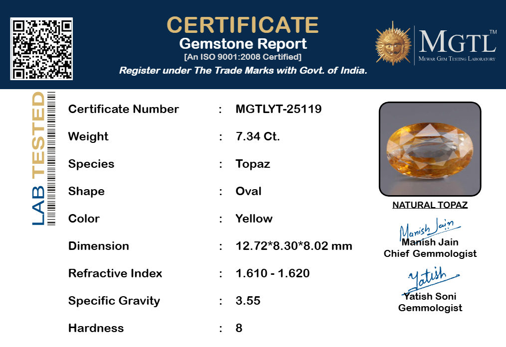 Natural Yellow Topaz - 7.34 Carat Rare Quality YT-25119