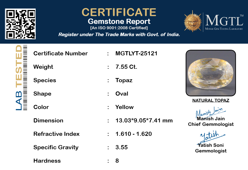 Natural Yellow Topaz - 7.55 Carat Limited Quality YT-25121