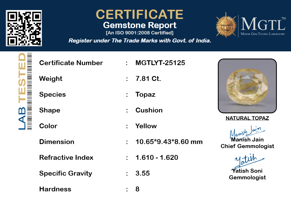 Natural Yellow Topaz - 7.81 Carat Limited Quality YT-25125