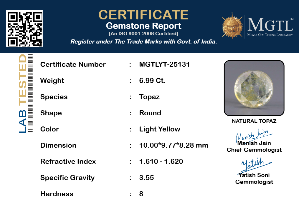 Natural Yellow Topaz - 6.99 Carat Limited Quality YT-25131