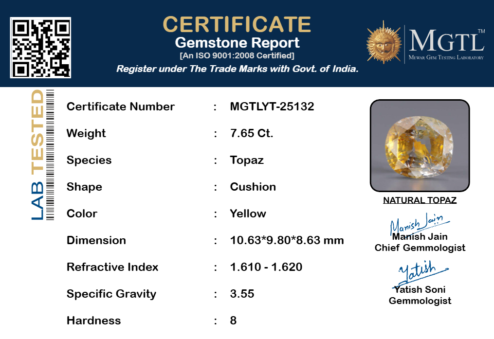 Natural Yellow Topaz - 7.65 Carat Rare Quality YT-25132