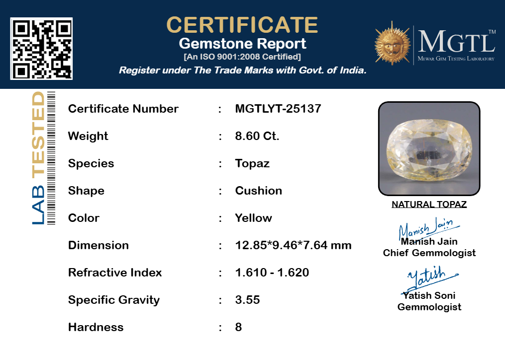 Natural Yellow Topaz - 8.60 Carat Limited Quality YT-25137