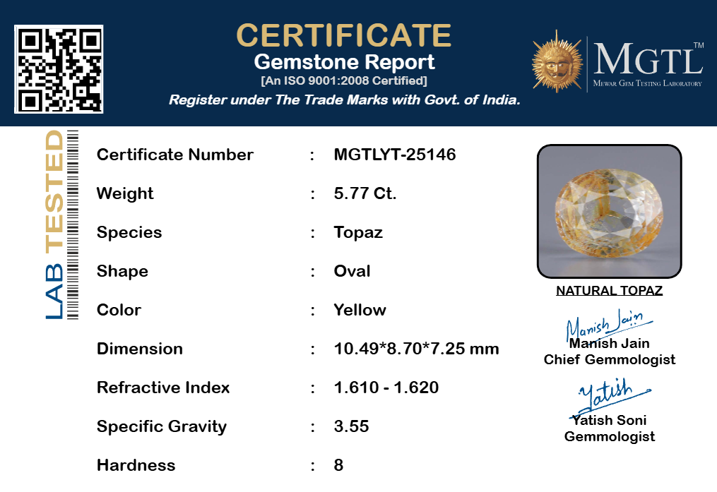Natural Yellow Topaz - 5.77 Carat Rare Quality YT-25146