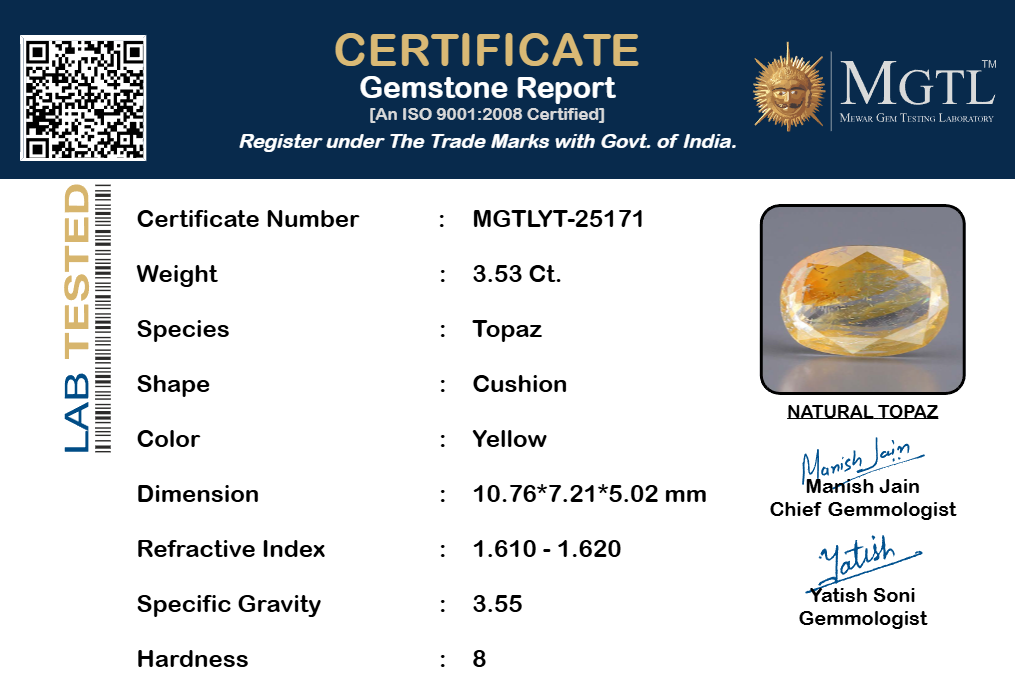 Natural Yellow Topaz - 3.53 Carat Rare Quality YT-25171