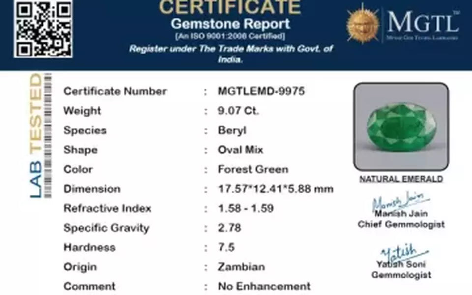 Zambian Emerald - 9.07 Carat Prime Quality  EMD-9975