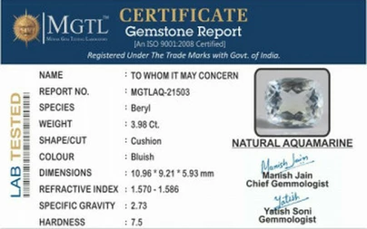 Aquamarine  Gemstone - 3.98 Carats | Premium Quality