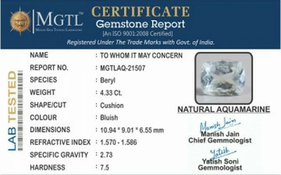 Aquamarine  Gemstone - 4.33 Carats | Premium Quality