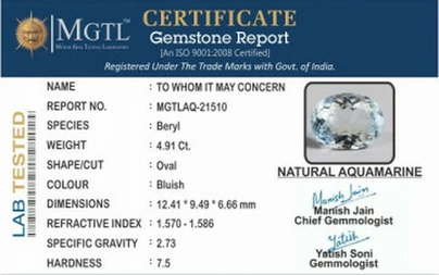Aquamarine  Gemstone - 4.91 Carats | Premium Quality