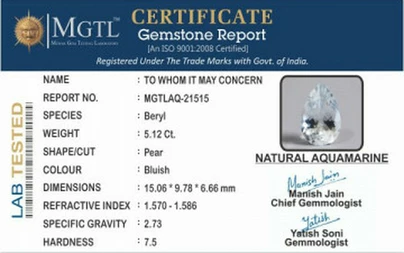 Aquamarine  Gemstone - 5.12 Carats | Premium Quality