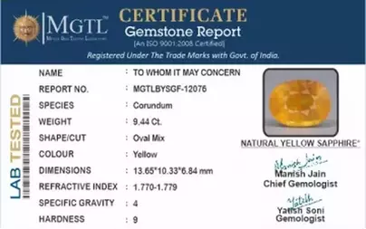 Thailand Yellow Sapphire - 9.44 Carat Prime Quality BYSGF-12076