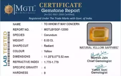 Thailand Yellow Sapphire - 6.03 Carat Prime Quality BYSGF-12090