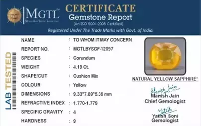 Thailand Yellow Sapphire - 4.19 Carat Prime Quality BYSGF-12097