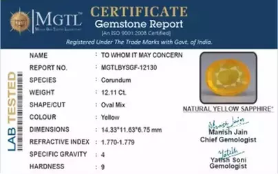 Thailand Yellow Sapphire - 12.11 Carat Prime Quality BYSGF-12130