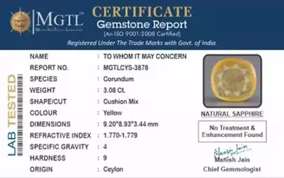 Ceylon Yellow Sapphire - 3.08 Carat Fine Quality CYS-3878