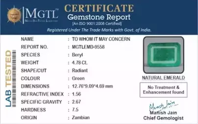 Zambian Emerald - 4.78 Carat Prime Quality  EMD-9558