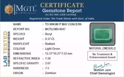 Zambian Emerald - 9.37 Carat Prime Quality  EMD-9647