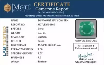 Zambian Emerald - 9.97 Carat Prime Quality  EMD-9660