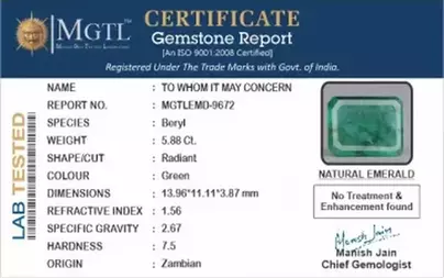 Zambian Emerald - 5.88 Carat Prime Quality  EMD-9672