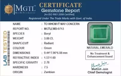 Zambian Emerald - 3.88 Carat Prime Quality  EMD-9713