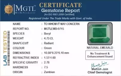 Zambian Emerald - 4.73 Carat Prime Quality  EMD-9715