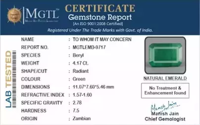 Zambian Emerald - 4.17 Carat Prime Quality  EMD-9717