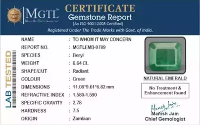 Zambian Emerald - 6.64 Carat Prime Quality  EMD-9789