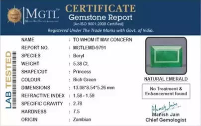 Zambian Emerald - 5.38 Carat Prime Quality  EMD-9791