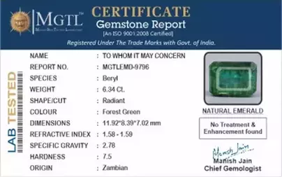 Zambian Emerald - 6.34 Carat Prime Quality  EMD-9796