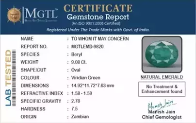 Zambian Emerald - 9.08 Carat Prime Quality  EMD-9820