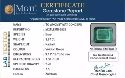 Zambian Emerald - 3.87 Carat Prime Quality  EMD-9829