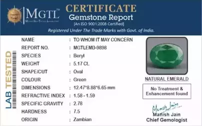 Zambian Emerald - 5.17 Carat Prime Quality  EMD-9898