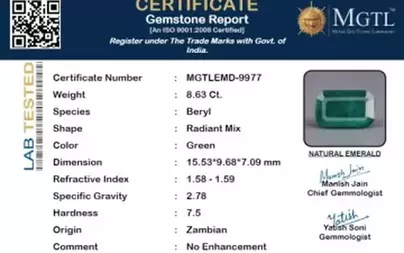 Zambian Emerald - 8.63 Carat Prime Quality  EMD-9977