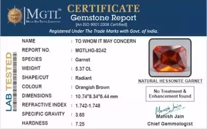 Ceylon Hessonite Garnet  5.37 Carat Rare Quality  HG-8242