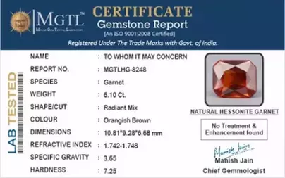 Ceylon Hessonite Garnet  6.10 Carat Limited Quality  HG-8248