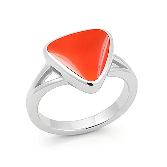 Stylish 925 Sterling Silver Triangle Red Coral Gemstone Ring For Female